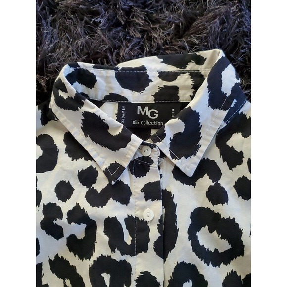 MG Silk Collection Leopard Print Shirt Dress Med Silk Black Ivory Button Down - Picture 2 of 9